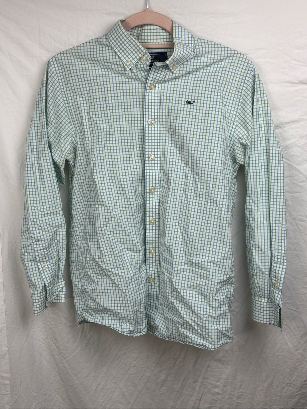 Vineyard Vines boys whale 16-18 Large Light Green & Blue Check Button-Down Shirt